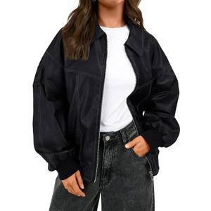 Trendy Queen Womens Leather Jackets Oversized Zip Up Motorcycle Bomber Jackets Fall Fashion Outfits Winter Clothes 2026 (Small, Black)