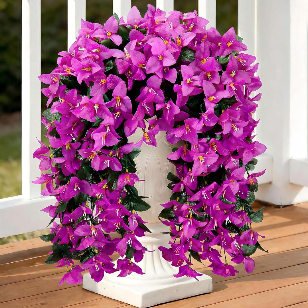 Fake Bougainvillea Artificial Hanging Flowers, 2 PCS Outdoor Faux Plants UV Resistant Realistic Silk Long Trailing Vines for Door Porch Outside Planter Urn Patio Garden Yard Dec, Light Purple