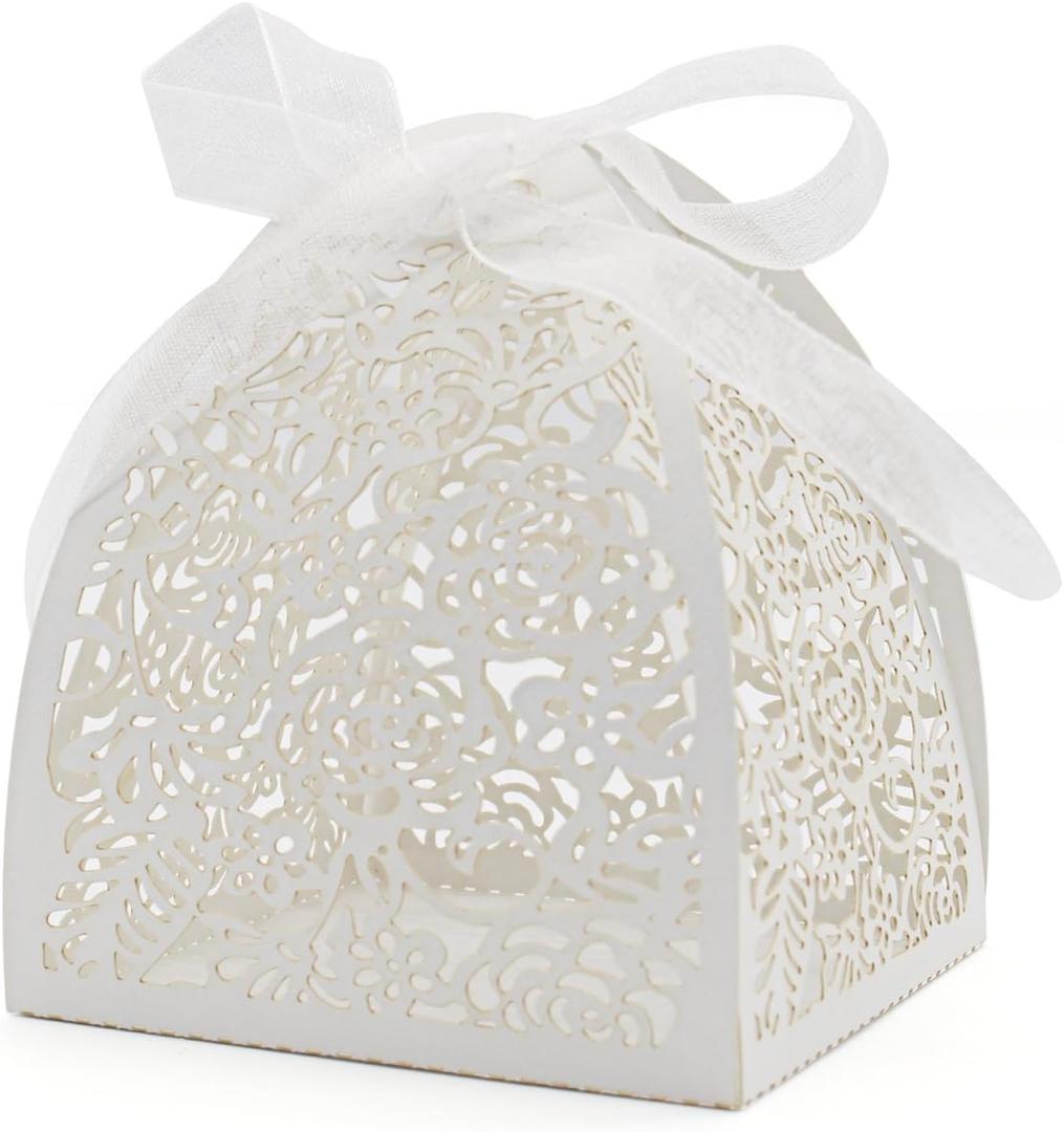 KPOSIYA Pack of 70 Laser Cut Rose Candy Boxes, Favor Boxes 2.5"x 2.5"x 3.1", Gift Boxes Bridal Shower Anniverary Birthday Party Wedding Favor (White)