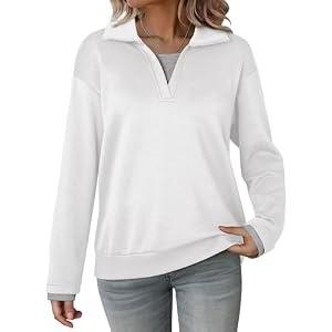 Dokotoo Sweatshirt for Women Long Sleeve Polo V Neck Color Block Oversized Lightweight Soft Casual Solid Color Pullover Sweatshirt Tops Comfy Fall Fashion Outfits Winter Clothes 2025 White Large