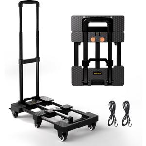 Folding Hand Truck 500lbs, Portable Heavy Duty Dolly Cart, 6 Wheels Collapsible Luggage Cart with 2 Elastic Ropes - Compact Trolley Cart for Easy Moving - Ideal Hand Cart for Travel and More (1.70, Black)