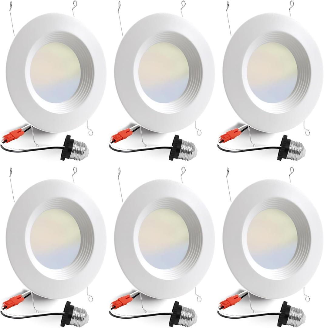 6 Pack 5/6 Inch 5CCT LED Recessed Light Retrofit, 2700K/3000K/4000K/5000K/6500K Selectable, Dimmable Can Lights with Baffle Trim, 12W=150W, High Brightness 1000LM, IC & Wet Rated, ETL & FCC Certified