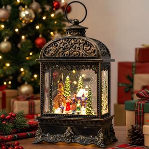 Christmas Village Snow Globe, Lighted Church Family Choir Scene, Musical Snow Water Lantern Swirling Glittering Holiday Decoration and Gift for Family Children or Friends