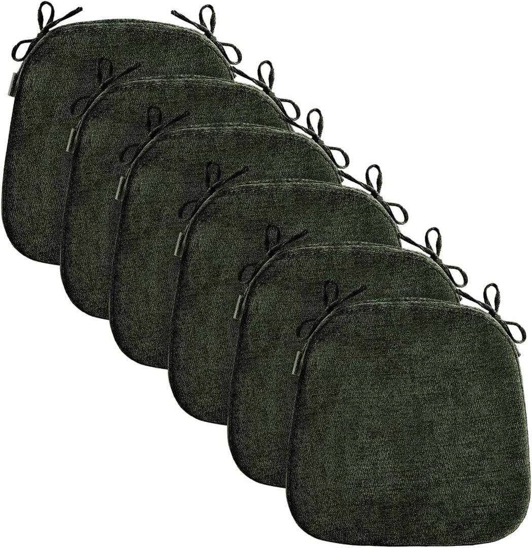 D-Shaped Chair Cushions for Dining Chairs, 2.5” Thick Chair Pads with Washable Comfortable Textured Cover, Non Slip Kitchen Chair Cushions with Ties, 16.5" x 16.5", 6 Pack, Green