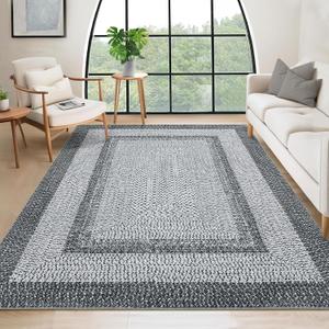 RUGSREAL 8x10 Braided Print Area Rug Washable Rug Non Slip Farmhouse Rustic Floor Carpet Boho Dining Room Throw Carpet Modern Geometric Floor Cover Bohemian Border Rug for Living Room Bedroom, Grey