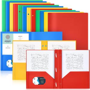 Gueevin 12 Plastic Folders with Pockets, Two Pocket Folder Fit Letter Size, Folders with 3 Prongs and 3 Hole Punch Pocket Portfolios School Business Card Holder for Home Office School