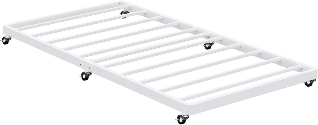 Twin Trundle Bed Frame with Metal Slats, Roll-Out Design, Easy Assembly Steel Frame with Lockable Wheels, Noiseless Pull Out Bed for Bedroom, Living Room or Guest Room, White