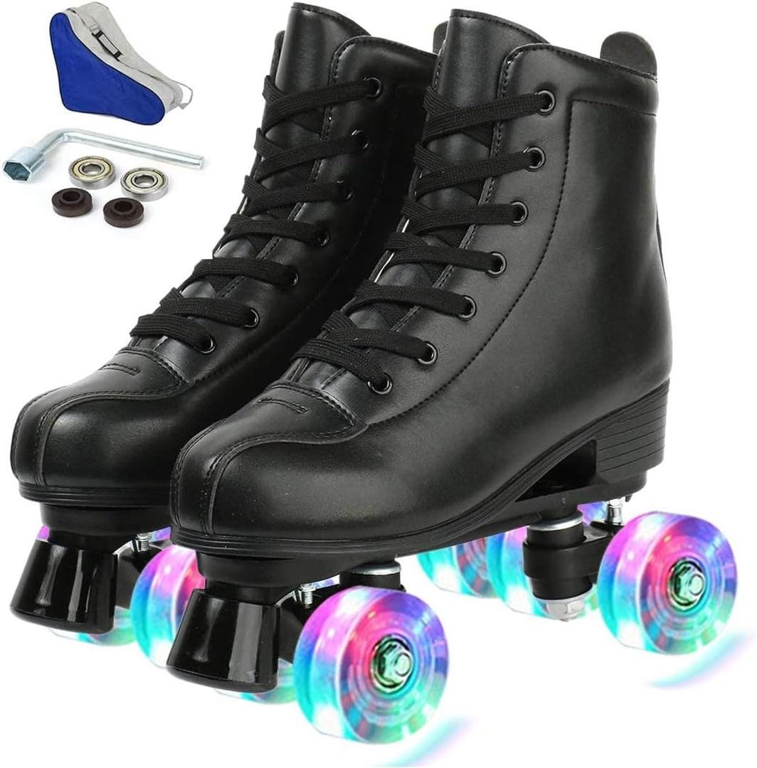 Womens Roller Skates Light Up Wheels, Artificial Leather Adjustable Double Row 4 Wheels Black Roller Skates Shiny Roller Skates Outdoor (Flash Wheel, 37)