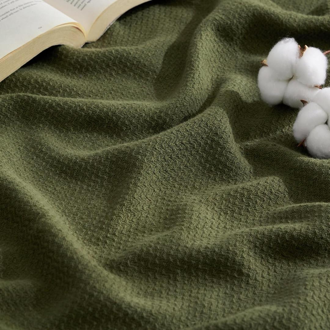 Bedsure GentleSoft 100% Cotton Blanket Queen Size for Bed - Breathable and Lightweight, Soft Cozy Textured Herringbone Woven Blanket for Summer, Olive Green, 90x90 inches