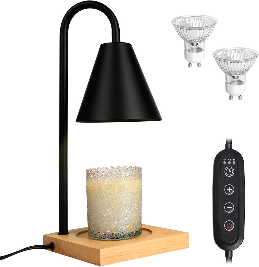 Candle Warmer Lamp, Dimmable Candle Warmer Lamp for Jar Candles, Electric Candle Warmer Lamp with Timer 2H/4H/8H Nightstand Lamp for Bedroom (2 Wax Warmer Bulbs) (Wood)