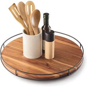 18" Acacia Wood Lazy Susan Turntable with Metal Frame - Large Brown Lazy Susans Organizer Countertop Storage - Wooden Serving Tray for Charcuterie Cheese Board - Kitchen Counter Rotating