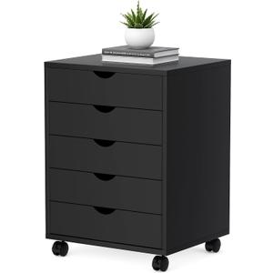 5 Drawer Mobile File Cabinet Under Desk Storage Organization with Wheels Vertical Filing Chest Rolling Wood Small Desk Printer Stand for Home Office, Black