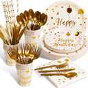 200 pieces of hite and Gold Birthday Party Supplies, Disposable Happy Birthday Tableware Set, Gold Plastic Knives, Forks, Spoons, Straws, Birthday Themed Tray, Cup, 25 Guests, White