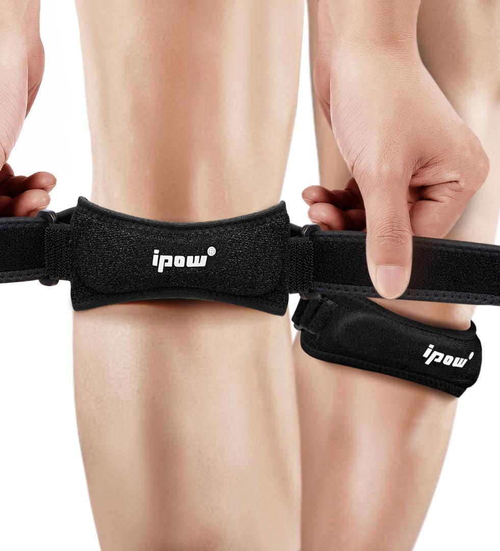 IPOW 2 Pack Knee Pain Relief & Patella Stabilizer Knee Strap Brace Support for Hiking, Soccer, Basketball, Running, Jumpers Knee, Tennis, Tendonitis, Volleyball & Squats, Black (One Size)