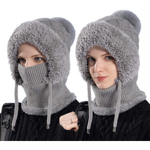 3 in 1 Beanie Hat for Women, 2026 New Winter Balaclava Fall Winter Warm Knitted Hat Knitted Ski Scarf Mask (Gray)
