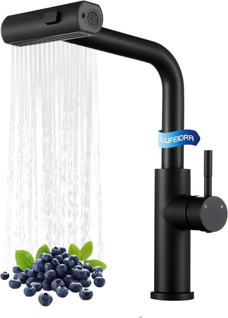 Kitchen Faucet with Pull Down Sprayer, Waterfall Single Hole Single Handle Sink Faucets with Pull-Down Sprayer for RV Kitchen Camper, Matte Black