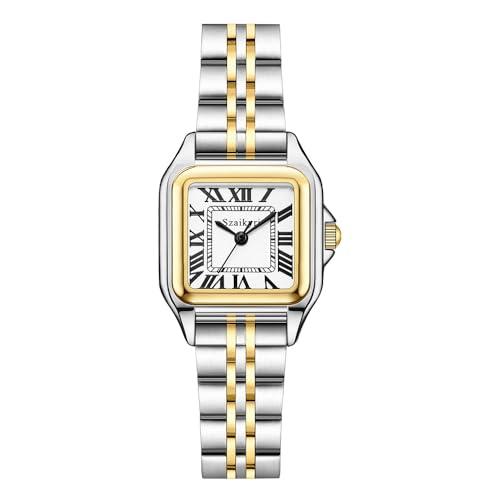 Szaikyri Classic Square Watches for Women with Roman Numerals Ladies Casual Dress Watch (Silver&Gold-Black)