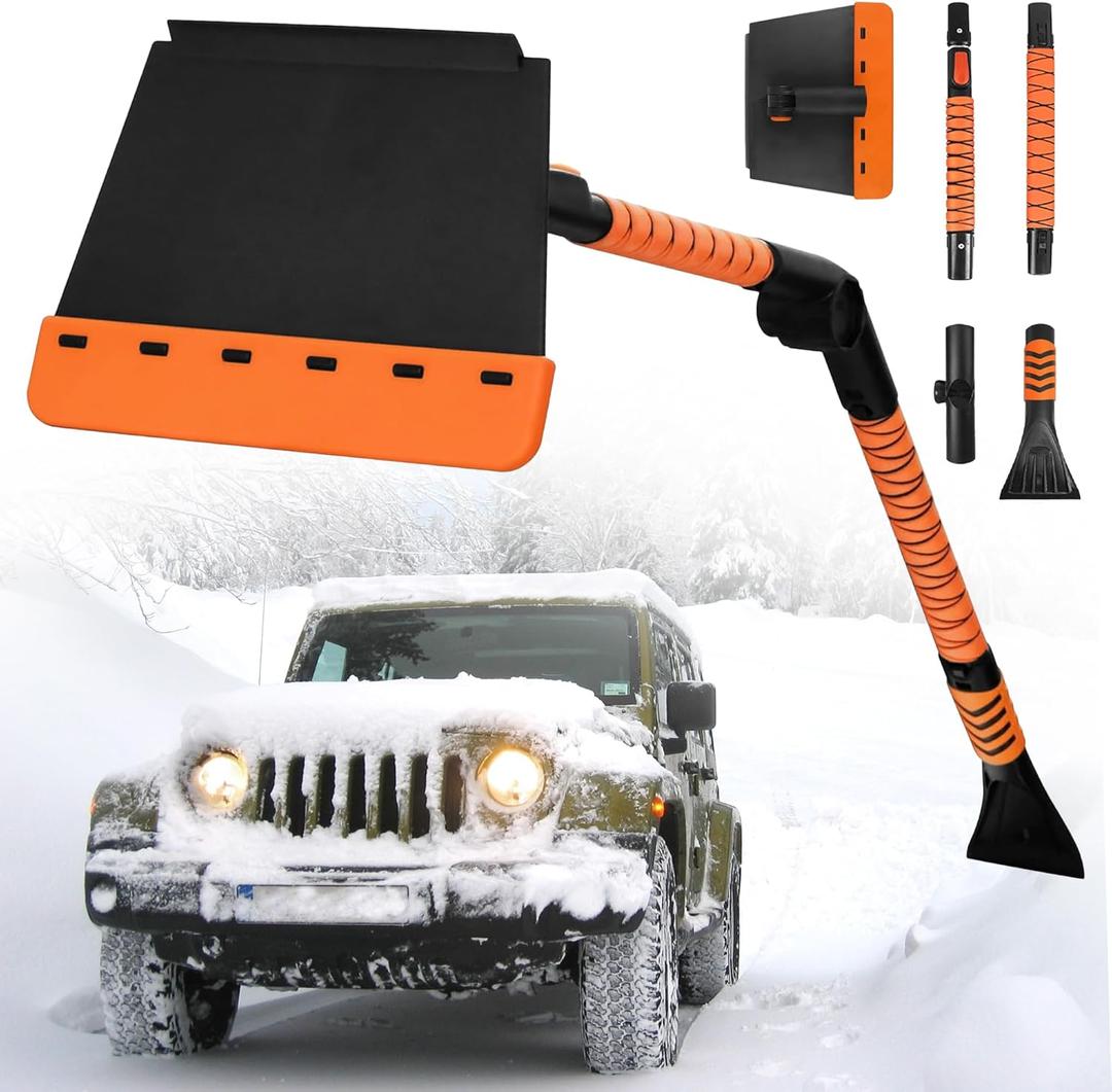 [Upgrade] 56" Large Ice Scrapers for Car Windshield, 90 Pivoting Snow Board, Snow Scraper with De-Icing Shovel, Extendable Length Settings, 180 Bendable Silicone Grip for for Truck, SUV, Auto (Orange-Black)