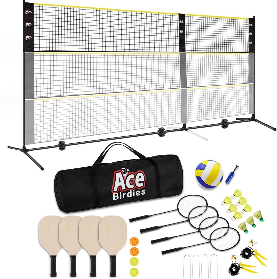 Complete Badminton Sets (10FT/17FT) Adjustable Width, Adjustable Height (2.8/5.1/7.4FT), Badminton Pickleball Volleyball Set with Net, 4Racket+4Paddels+Volleyball for Outdoor Family Game.