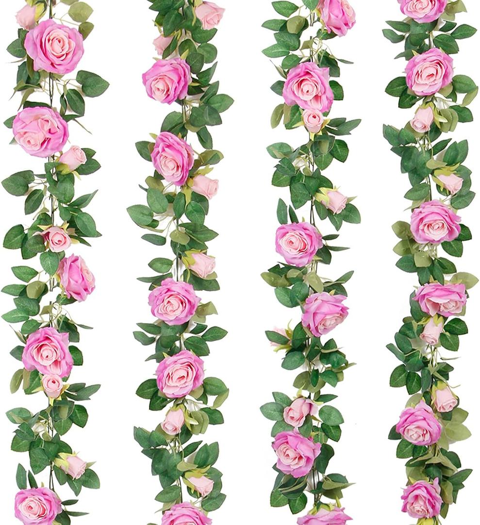Teldrassil 4Pcs(26 FT) Artificial Rose Vine Fake Flower Garland Fake Silk Rose Hanging Vine for Wedding Party Background Arch Garden Background Decoration (Purplish Red), 6.5 ft