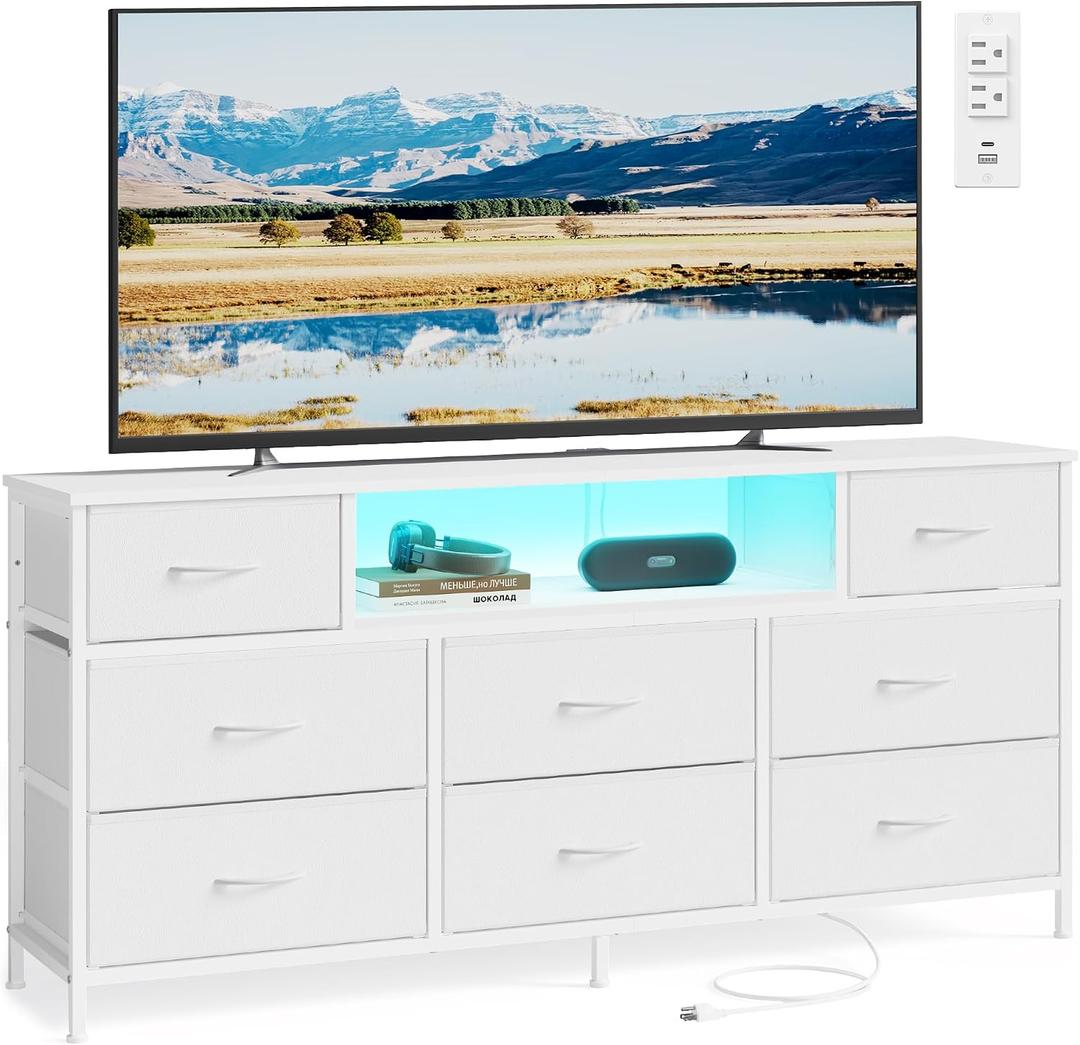 SONGMICS BELLAH Collection - Dresser for Bedroom with Outlets and LED Lights, TV Stand for TVs Up to 65 Inches, Chest of Drawers, 8 Drawers, Steel, Modern, Cloud White ULGS434WH02S, 13.8"D x 57.8"W x 26.8"H