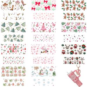 42PCS Merry Christmas Bow Ghost 3D MINI UV DTF Cup Wrap Stickers for 40 OZ Tumbler Keychain Candy Cane Holly Christmas Tree mini UV DTF Cup Wraps for 40 OZ Cups Key Pendant Snowflake Book