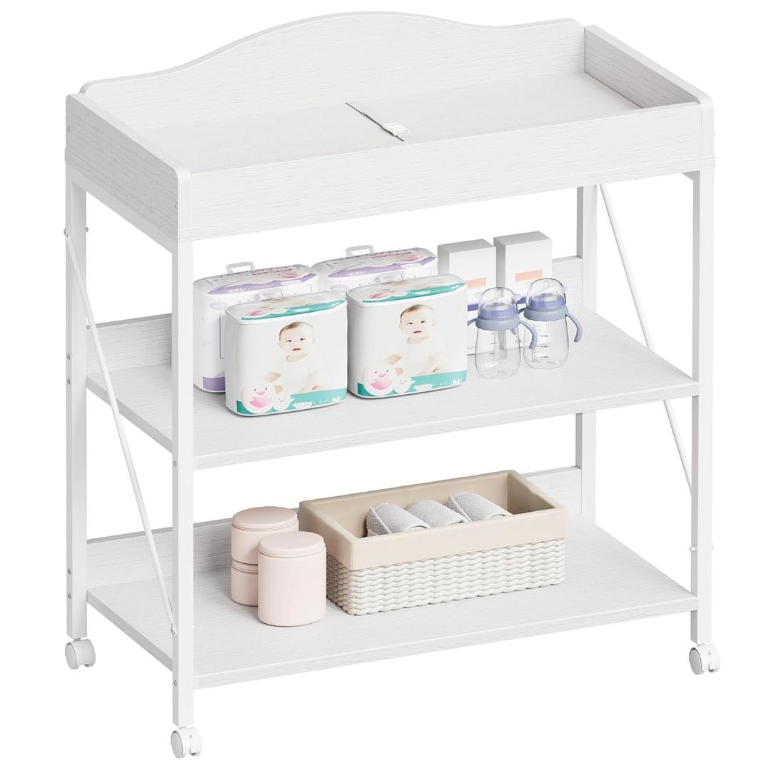Baby Changing Table, Diaper Changing Station with Pad and Wheels, Two-Tier Open Storage Shelves, Waterproof Diaper pad & Safety Strap, Compact Baby Furniture for Nursery, White