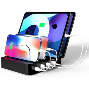Charging Station for Multiple Devices - 4-Port 20W PD USB-C Fast Charger for iPhone iPad Smartphones Tablets Universal Compatibility, Detachable Baffle Design with LED Night Light Black