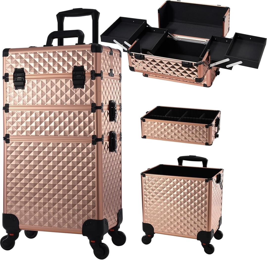 Frenessa Rolling Makeup Train Case 3 in 1 Professional Cosmetic Trolley Large Storage with keys Swivel Wheels Salon Barber Case Traveling Cart Trunk for Make Up Nail Tech - Vintage Rose Gold
