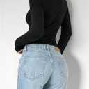 Women's Long Sleeve Asymmetrical Tops Notched Neck T Shirt Slim Fit Elegant Tee (Black, L)