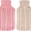 2 Pieces Hot Water Bottle Cover Soft Cover Only Knitted Hot Water Bottle Sweater for Winter Compress and Cold Therapy, Menstrual Cramps, Neck, Shoulder Pain Relief(Pink, Khaki)