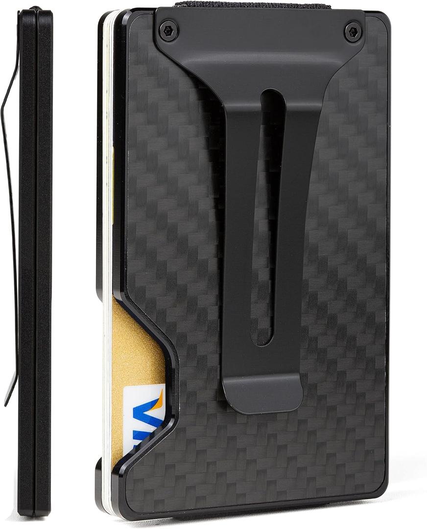 Wallet for Men, Slim Minimalist Carbon Fiber Wallet with Metal Money Clip/Cash Strap, RFID Blocking Aluminum Card Holder-Carbon Fiber