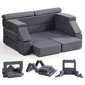 ROBOTIME Modular Play Couch for Kids, Convertible Toddler Sofa with Washable Covers, Versatile Foam Kids Couch for Playroom Forts, Lounging & Creative Play (for Ages 3+) (Space Gray)