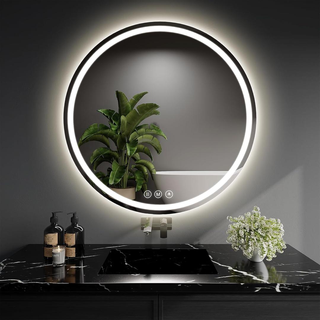 LED Bathroom Mirror 28 Inch Round Bathroom Mirror with Lights, Circle LED Mirror, Wall Mounted Lighted Bathroom with 3 Colors Brightness, Anti-Fog, Dimmable, Shatter-Proof