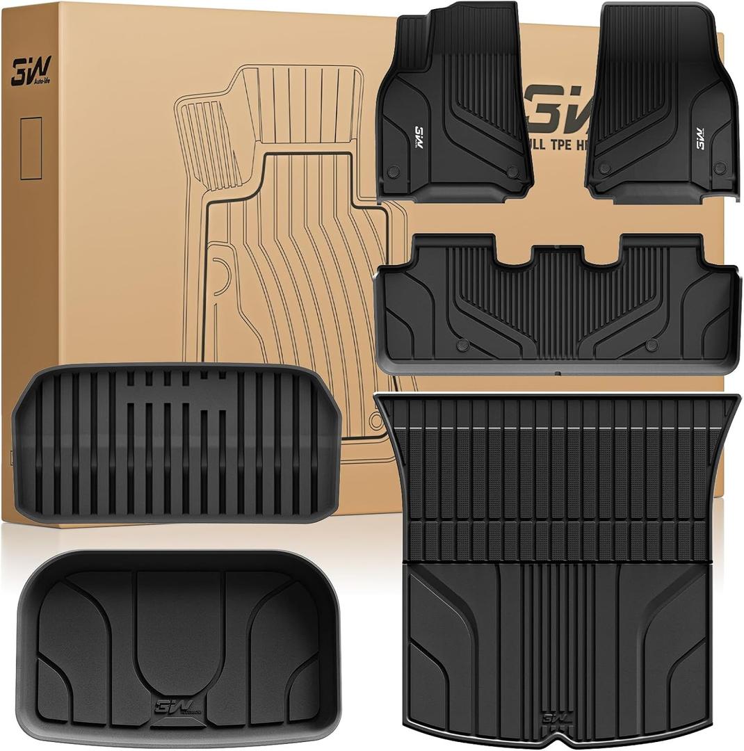 3W Tesla Model Y Floor Mats 2020-2024(Not for Juniper), TPE Floor Liner, Cargo Liner Custom Fit Model Y Accessories All Weather Black, 5-Seater