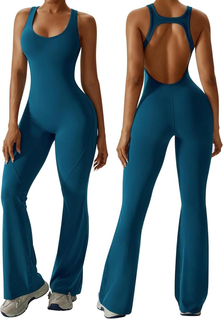 OEAK Womens Flare Jumpsuit with Bra Tummy Control Cutout Romper Workout Outfit Sleeveless Unitard One Piece Backless Bodysuit (Medium, Blue)