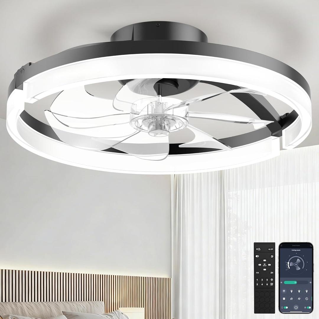 Ceiling Fans with Lights and Remote, Low Profile Ceiling Fan, Morden Flush Mount LED Fan Light, 3000K-6500K Dimmable for Bedroom, Kitchen, Living Room, Frosted, Black