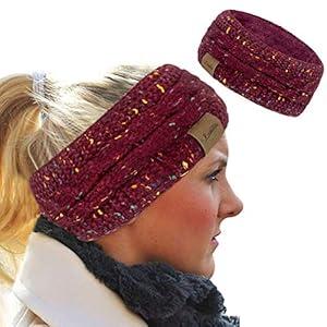 Loritta Womens Ear Warmers Headbands Winter Warm Fuzzy Cable Knit Head Wrap Fleece Lined Gifts, Wine Red