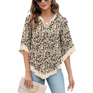 Micoson Womens 3/4 Sleeve Chiffon Blouses V Neck Double Layers Mesh Shirts Flowy Dressy Tunic Tops (XL)