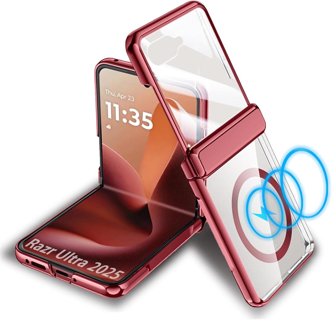 for Motorola Razr Ultra 2025 Magnetic Case Compatible with Mag-Safe & Hinges Protection & Built-in Front Screen Protector & Plated Frame Clear Thin Cover(Red, Razr Ultra 2025)