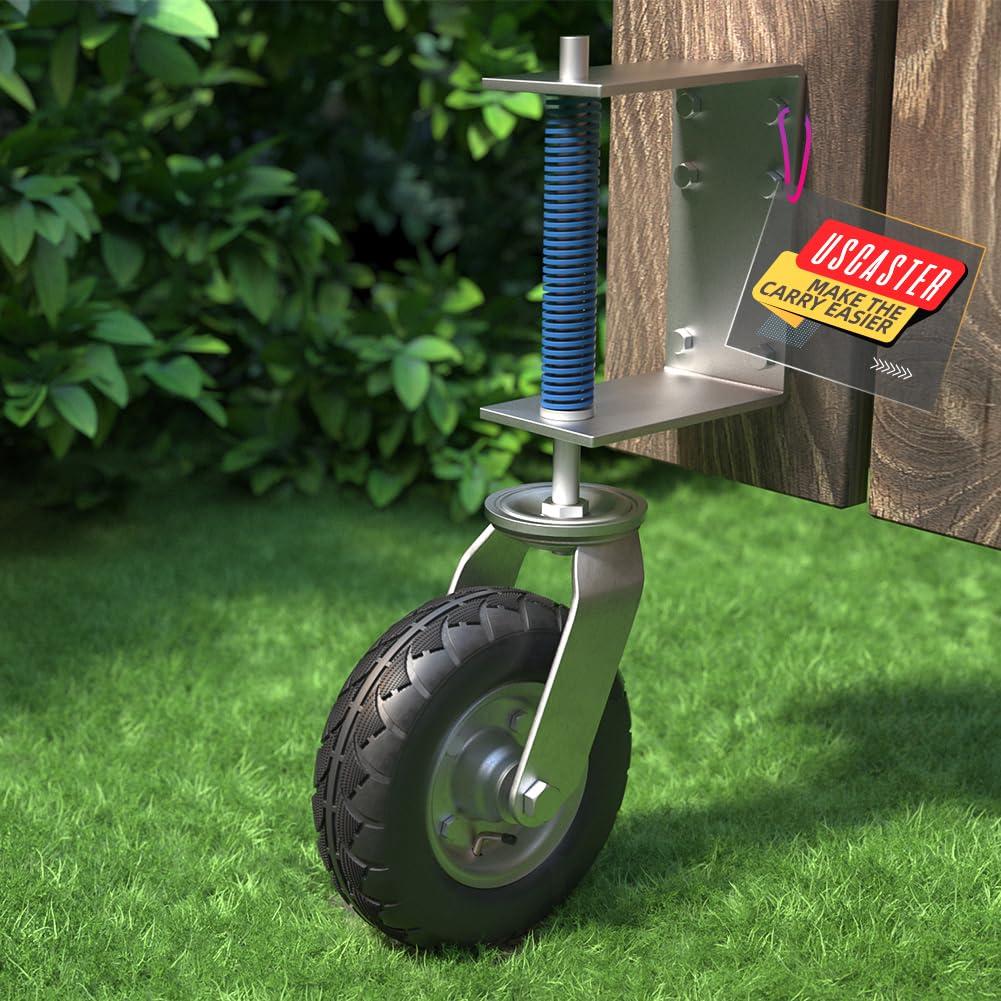 Heavy Duty 8Inch Gate Wheel for Wooden or Metal Gate Inflatable Tire,Spring-Loaded, 400lb Capacity,360-Degree Rotation, with Screws & Spanner