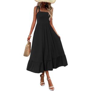 Zeagoo Women Summer Maxi Dress with Pockets 2025 Spaghetti Strap Sundress Casual Flowy Boho Dress Floral Tiered Beach Dress (Black, XXL)