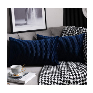 DEZENE Navy Striped Couch Pillow Cases: 2 Pack 12x20 Inch Original Velvet Rectangular Throw Pillow Covers for Farmhouse Home Decor