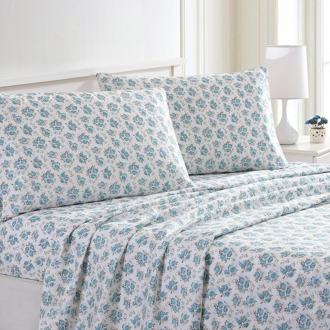 Modern Threads Printed 4-Piece Extra Soft Bedding Sheets & Pillowcase Set, Deep Pocket up to 16 inch Mattress Forever Roses Full (15 Light Blue Roses)
