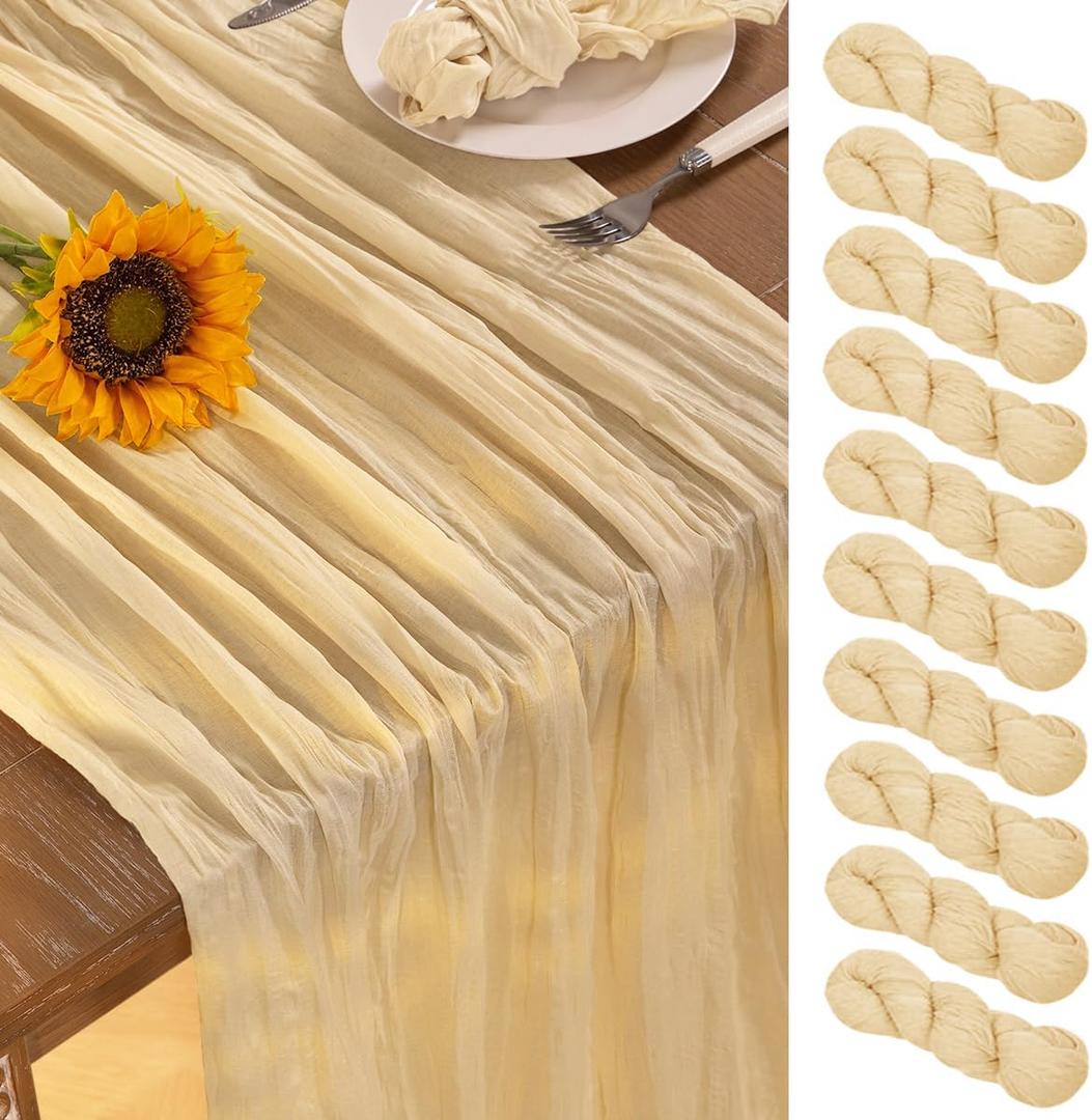 Champagne Gold Cheesecloth Table Runner 10 Pack Fall Table Runners Boho Gauze 120 Inches Champagne Cheese Cloth Fall Table Decorations for Thanksgiving Wedding Bridal Baby Shower Parties
