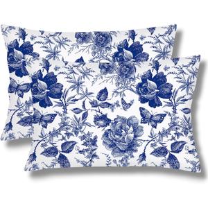 Blue and White Porcelain Floral Throw Pillow Cover Queen Size Set of 2 Vintage Chinoiserie Lumbar Pillow Case Farmhouse Standard Pillowcases with Zipper Decorative Cushion Covers for Bedroom,20"x30"