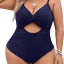 Blooming Jelly Womens Plus Size Bathing Suit Tummy Control One Piece Swimsuit Twist Front Ruched Swimwear (Large, Dark Blue)