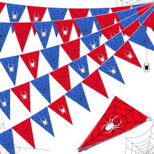 Tiamon 5 Pcs Spider Web Birthday Party Decorations Spider Theme Birthday Triangle 49.2 ft Flag Red Black Blue Pennant Banner Garland Streamer for Baby Shower Cartoon Movie Party Supply