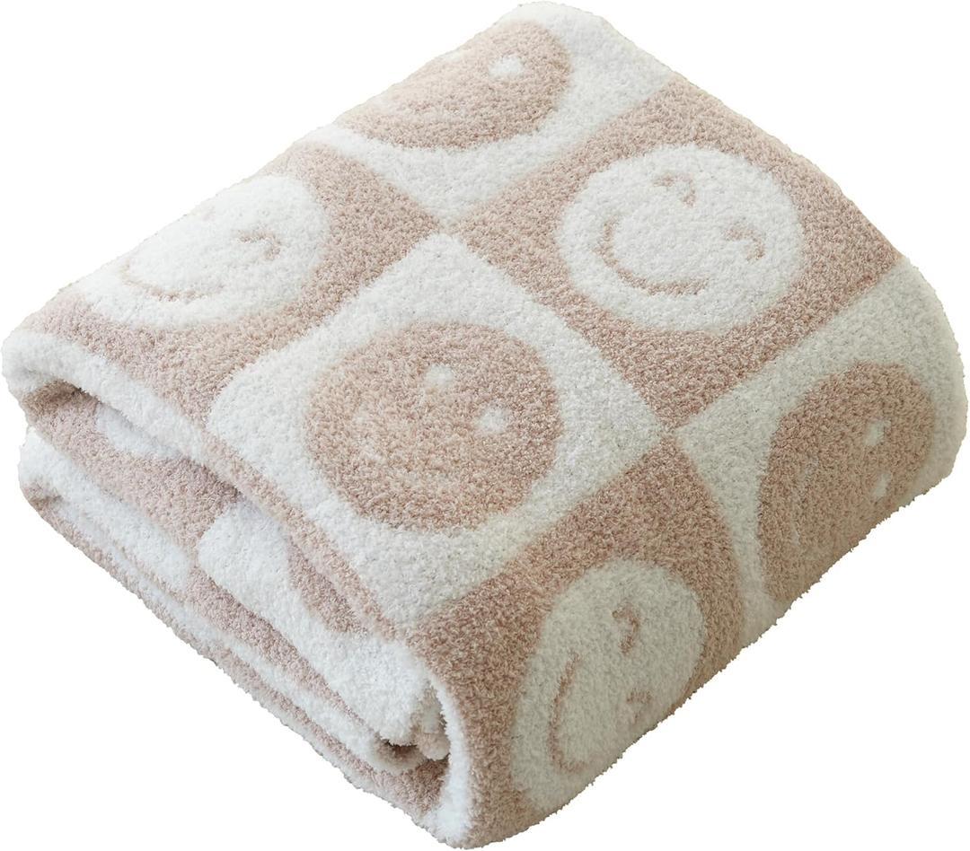 Ultra Soft Cozy Happy Smiling Face Checkered Knitted Throw Blanket Fluffy Microfiber Checkerboard Bed Blanket Lightweight Both Sides Blanket for Couch Sofa Bed (Smile Cream, Throw 50x60)