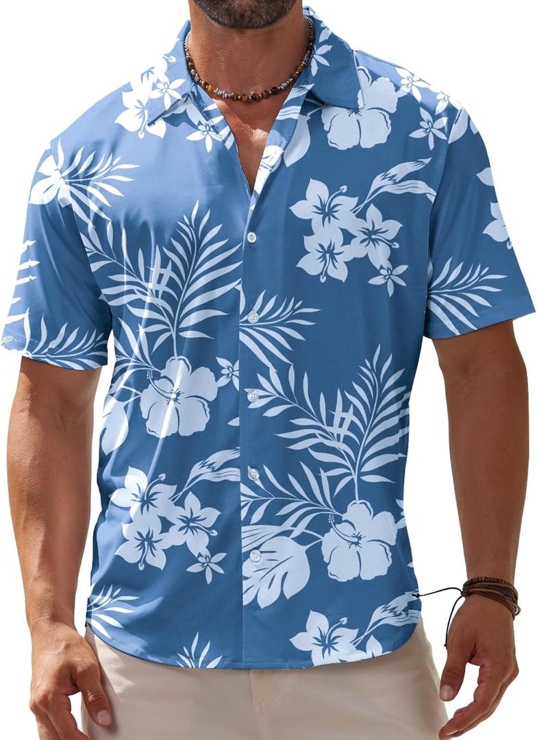 BOJIN Men's Hawaiian Wrinkle Free Short Sleeve Button Down Tropical Floral Beach Vacation Shirt (Large, White Flower Blue)